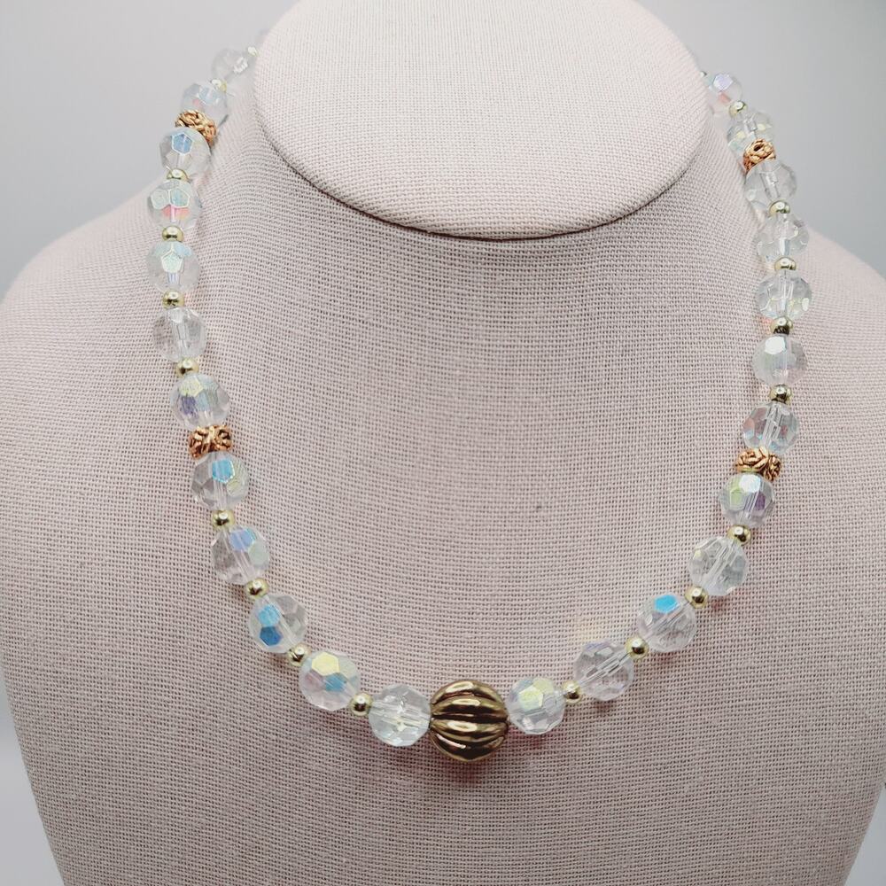 Vintage Czech Fire Polished Crystal Bead Necklace 17" Gold Tone Accents